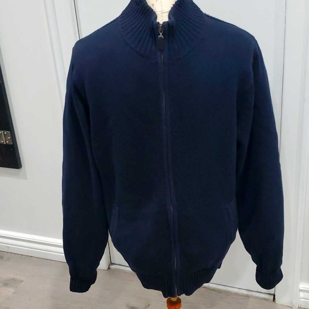 L.L. Bean Navy Blue Full Zip Cotton Sweater Jacket Plaid Flannel Lined Medium